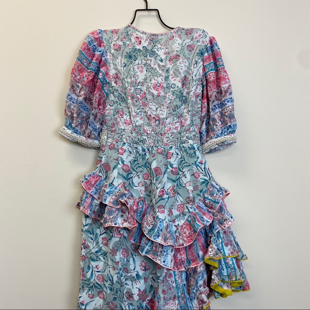 Hemant and Nandita Floral Ruffled Asymmetric Midi Dress in White, Pink, Blue - Picture 8 of 14